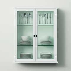 Elegant White Cupboard Displaying Tableware and Cutlery Collection