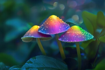 Fototapeta premium Close-up of Colorful Mushrooms with Water Droplets in a Lush Forest Setting Macro Photography