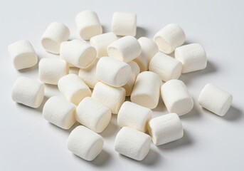 Pile of sweet white marshmallows on a white surface, ready for roasting or snacking