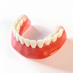 Fototapeta premium A 3D illustration of a removable partial denture with artificial teeth, gums, and a metal framework, displayed on a white background with subtle shadows.