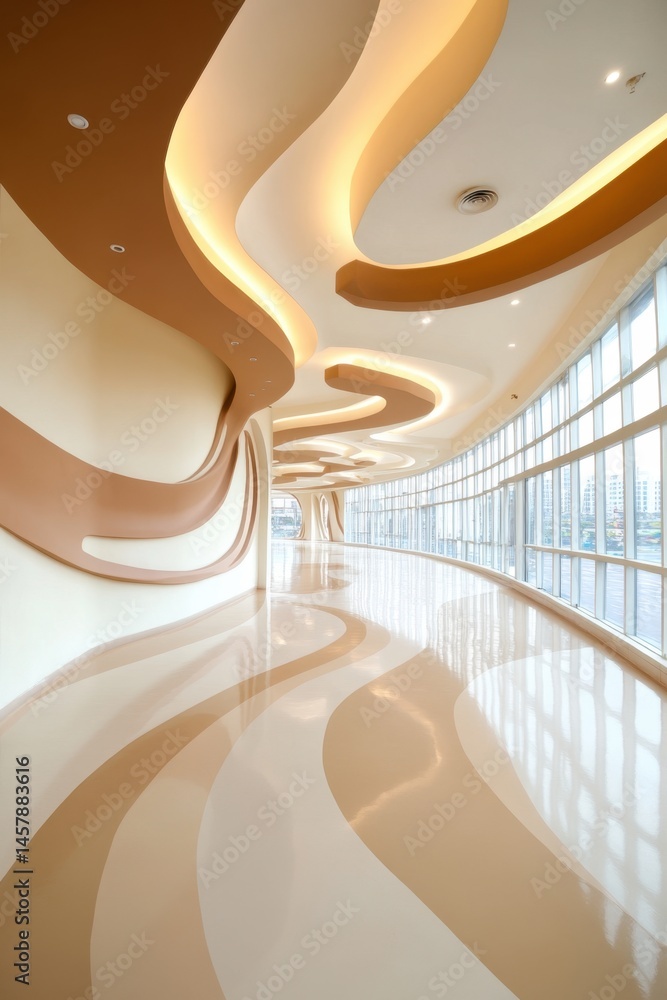 Poster modern interior architecture with wavy ceiling and floor design and large windows in a contemporary 