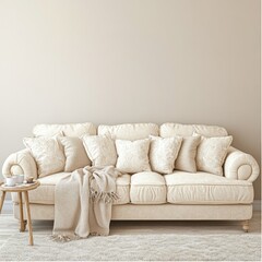 Elegant Living Room Interior with Cream Sofa and Neutral Tones for a Cozy and Relaxing Atmosphere