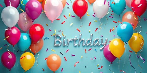 Elegant birthday balloons, diverse colors, confetti falling gracefully, happy, decoration