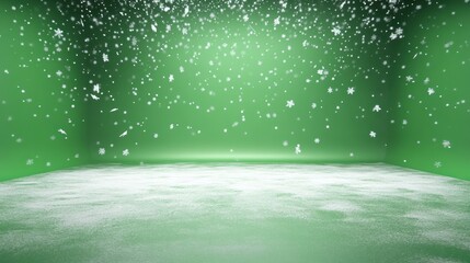 Green winter wonderland background with falling snowflakes