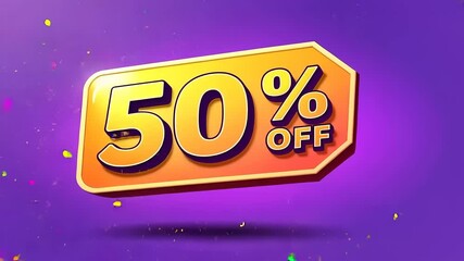 Bright promotional banner showcasing a 50% discount on products, set against a vibrant purple background - Powered by Adobe