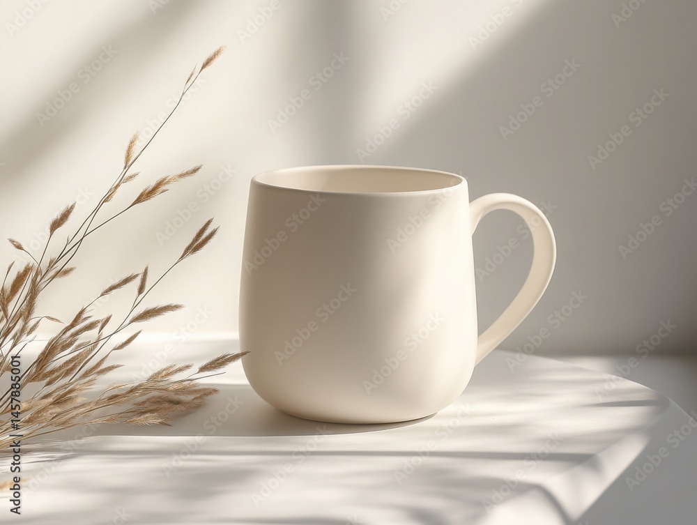 Poster simple mug with handle and dried wheat on a light surface area