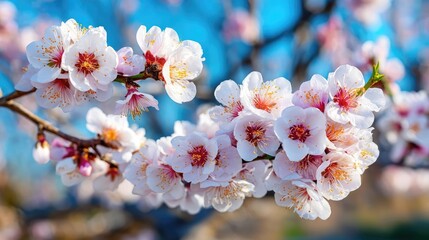 Blossoming apricot tree branches in sunlight with blurred sky concept. Beautiful cherry blossoms in full bloom against a clear blue sky.