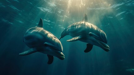Obraz premium Two Dolphins Swimming in Sunlit Ocean Water