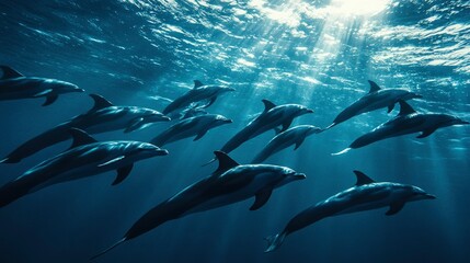 Fototapeta premium Pod of Dolphins Swimming in Sunlit Ocean Waters