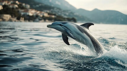 Fototapeta premium Striped Dolphin Leaping from the Ocean near Coastal Town