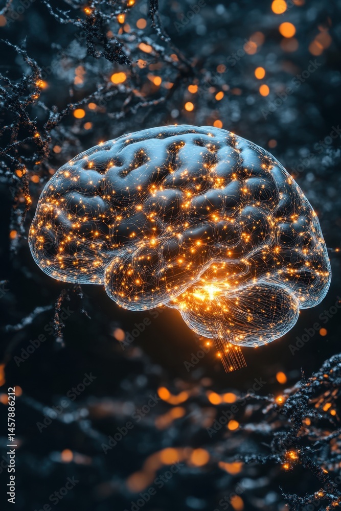 Aufkleber human brain visualization with glowing neural network connections on dark background close up artist
