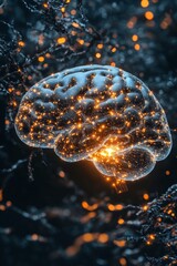 Human Brain Visualization with Glowing Neural Network Connections on Dark Background Close Up Artistic