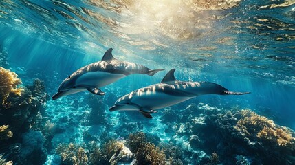 Obraz premium Two Dolphins Swimming in a Vibrant Coral Reef Undersea Scene