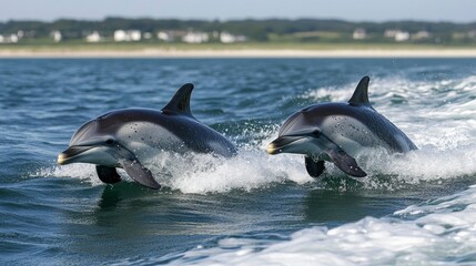 Fototapeta premium Two Harbor Porpoises Playing in Ocean Waves