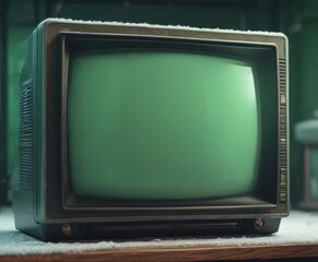 Close-up of vintage CRT screen, green tint, snowy static  ,  interference,  glow