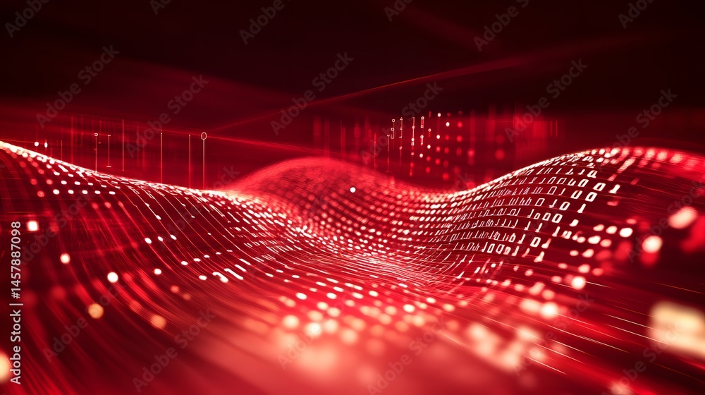 Poster abstract digital design with vibrant red tones and data streams.