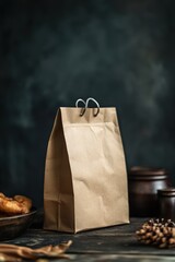 Brown paper bag on rustic wooden table with donuts and pine cones in moody lighting studio shot