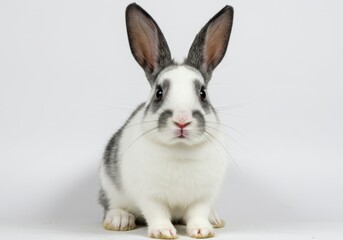 Obraz premium Rabbit with gray markings sitting on white background looking at camera