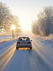 Fototapeta premium Car driving on snowy road at sunrise scenic winter landscape back view transportation travel journey