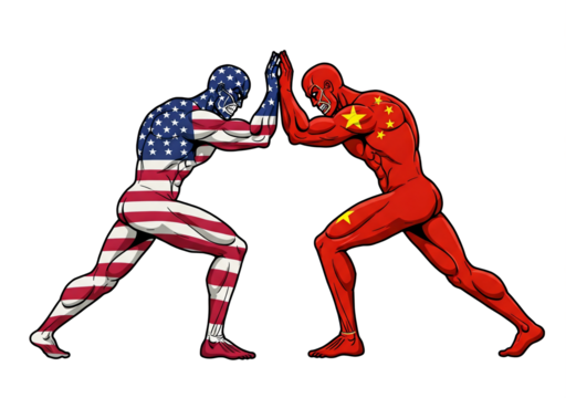 Symbolic Confrontation Between United States and China Depicted as Superhuman Figures in a Face-Off Representing Geopolitical Tension and Rivalry
