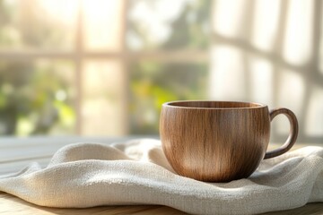 Wooden mug on a linen cloth by a window.