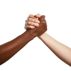 Black and white Individuals Holding Hands Firmly, Symbolizing Strength, Connection, and Solidarity Against a Plain White Background
