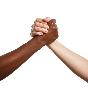 Black and white Individuals Holding Hands Firmly, Symbolizing Strength, Connection, and Solidarity Against a Plain White Background