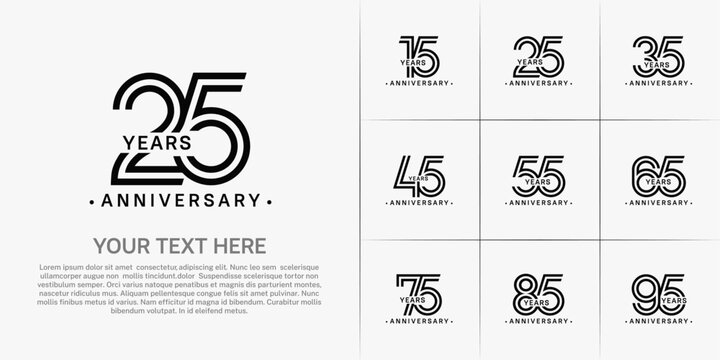 Anniversary logo style double line number set. black color on white background for celebration event