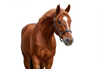 Chestnut horse with white blaze standing isolated on white background