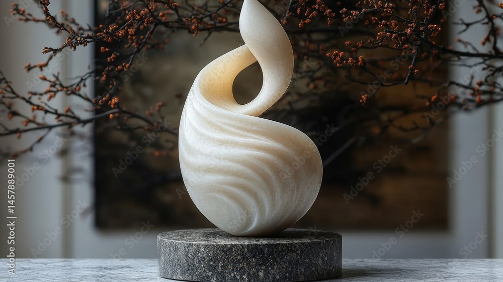 Poster abstract stone sculpture with a smooth surface, set in front of a window with blurred background.