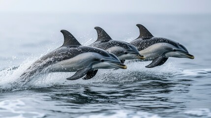Naklejka premium Three Dolphins Leaping Through Ocean Waves