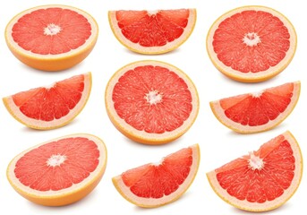 Arrangement of sliced grapefruit halves and wedges on a white background