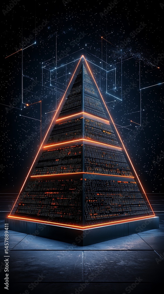 Aufkleber triangular pyramid electronic futuristic pyramid structure with glowing lines and starry background
