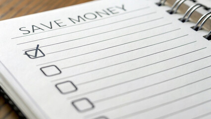 Personal Finance and Budgeting. Notebook with "Save Money" checklist and checkmark.