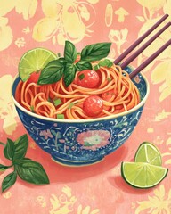 Delicious Asian Noodle Bowl with Fresh Basil and Lime on a Floral Background Illustration