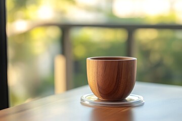 Obraz premium Wooden cup resting on a coaster on a table.