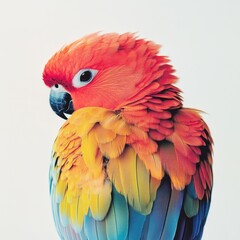 Obraz premium Scarlet Macaw portrait looking back over shoulder studio shot vibrant plumage colorful feathers tropical bird exotic pet avian beauty