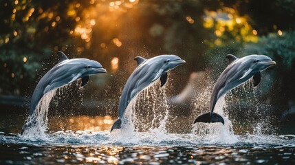 Obraz premium Three Dolphins Leaping at Sunset A Symphony of Grace and Freedom