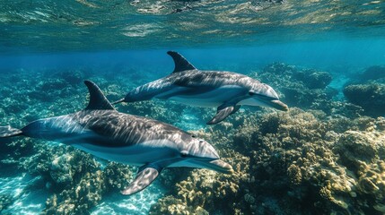 Naklejka premium Two Dolphins Swimming in a Vibrant Coral Reef
