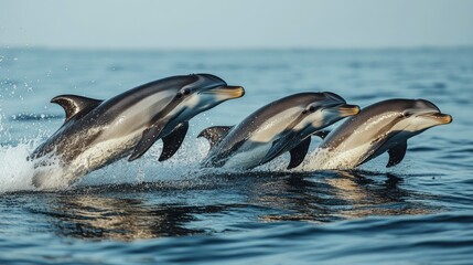 Fototapeta premium Pod of Striped Dolphins Leaping in Ocean Waves