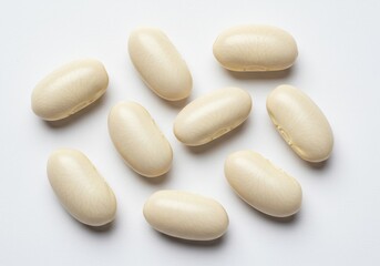 Scattered white oblong pills on a white surface in a close up view