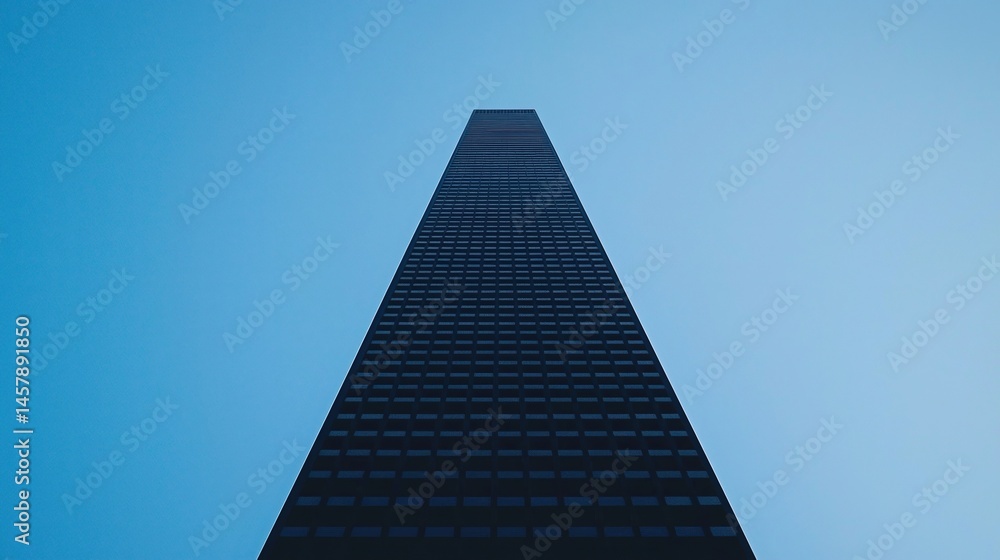 Poster a tall skyscraper viewed from below against a clear blue sky, emphasizing height and modern architec