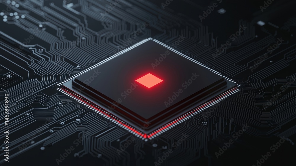 Poster a microchip with a glowing red center is mounted on a black circuit board, highlighting advanced tec