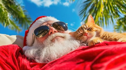 Santa claus and cat relaxing in tropical paradise