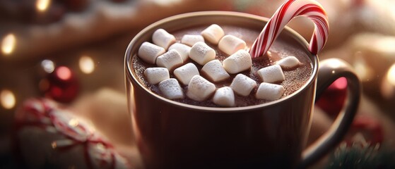 Warm Holiday Chocolate Drink with Marshmallows and Candy Cane Close Up Festive Christmas Scene
