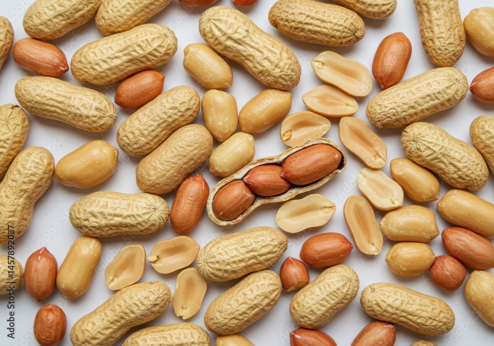 Poster peanuts in shells and kernels scattered on a white surface, some open