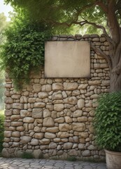 Rustic stone wall with mounted poster mockup, lush trees,  signage,  shadow