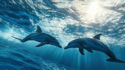 Obraz premium Two Striped Dolphins Swimming Gracefully in Sunlit Ocean Waters