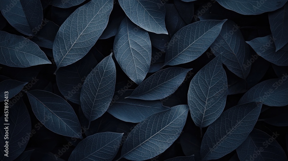 Poster dark, moody leaves overlapping each other create a textured, natural pattern with deep blue and blac