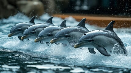 Obraz premium Four Dolphins Swimming in Formation, Ocean Wildlife